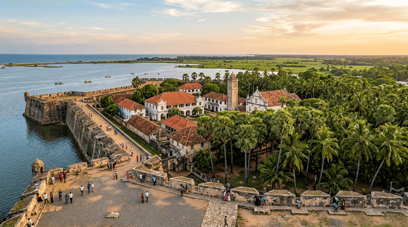 Jaffna Fort ramparts and historic Dutch architecture surrounded by palm trees