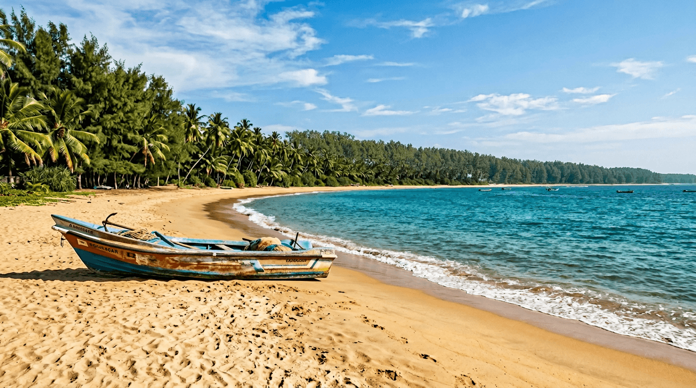 Pristine golden beach near Jaffna with turquoise waters and coconut palm trees