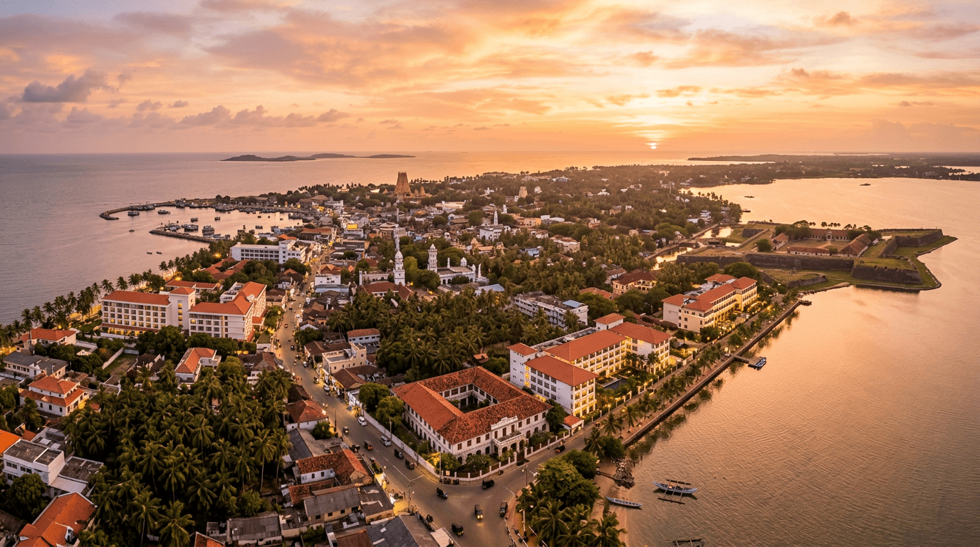 Aerial view of Jaffna city at sunset showing hotels and colonial architecture