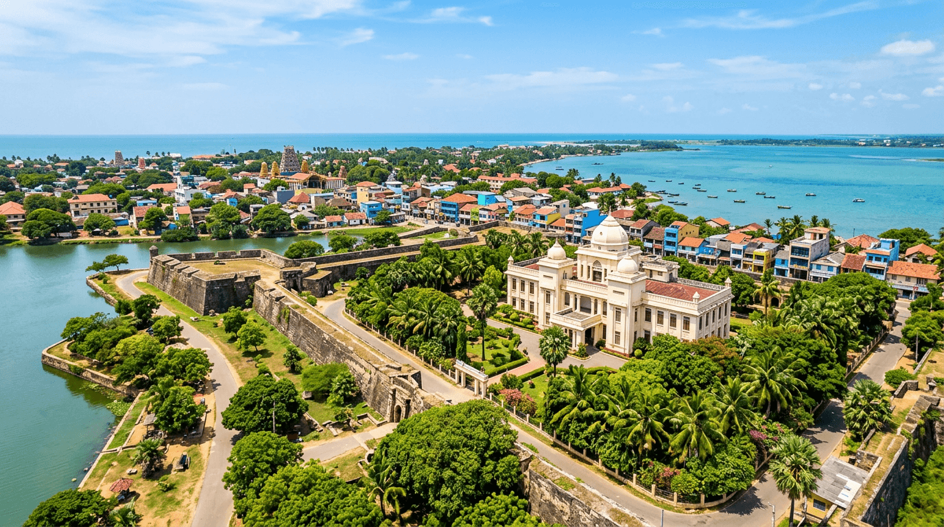 Panoramic view of Jaffna Fort and the iconic Jaffna Public Library surrounded by lush tropical vegetation