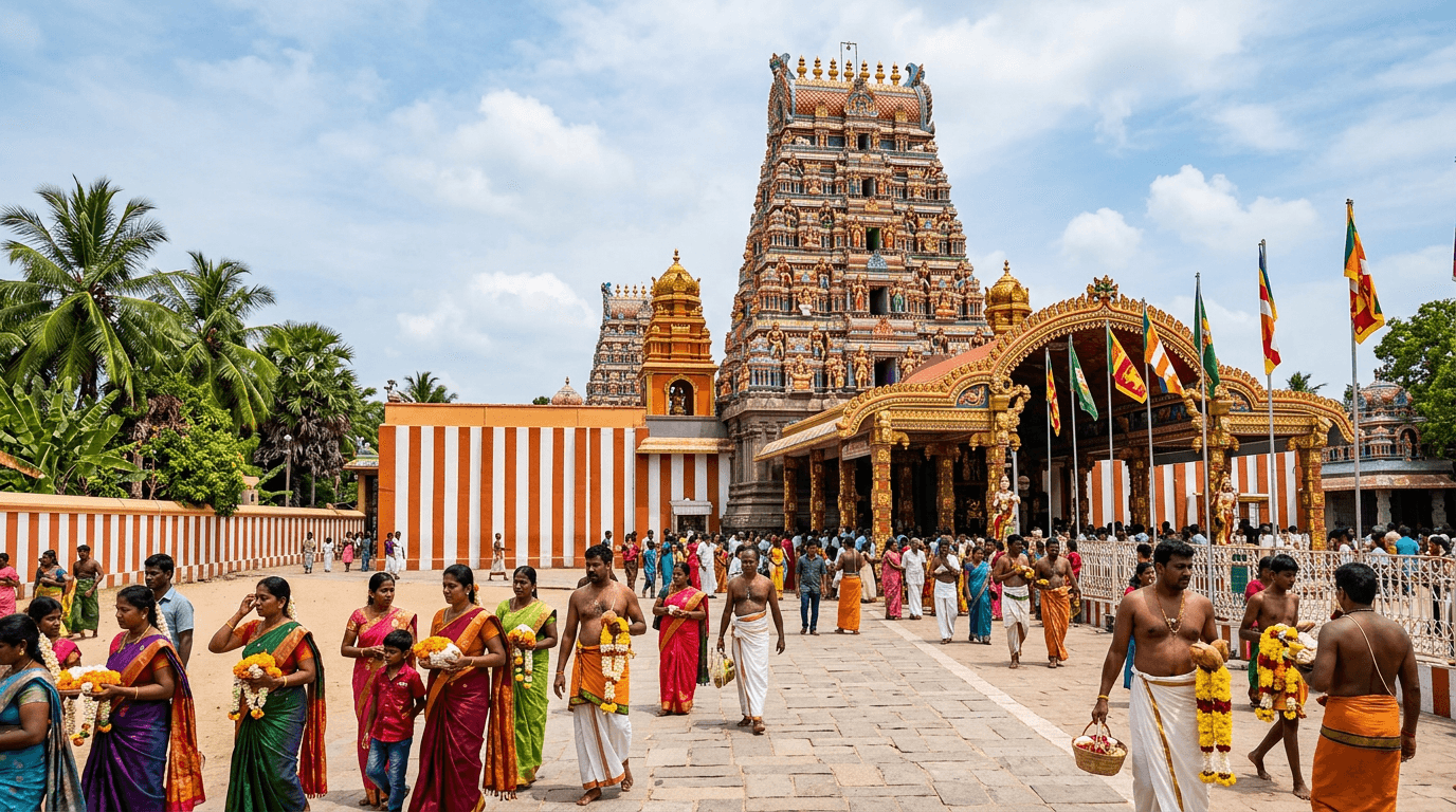 Nallur Kandaswamy Kovil in Jaffna with ornate gopuram tower and devotees